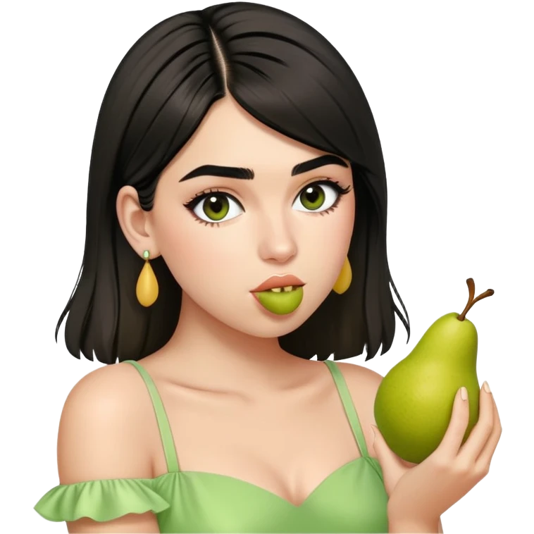 Dua Lipa in a light green dress eating a pear emoji
