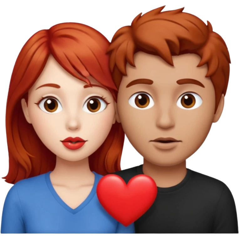 mujer pelirroja y hombre con pelo café haciendo cara de beso pero con un corazón entremedio emoji