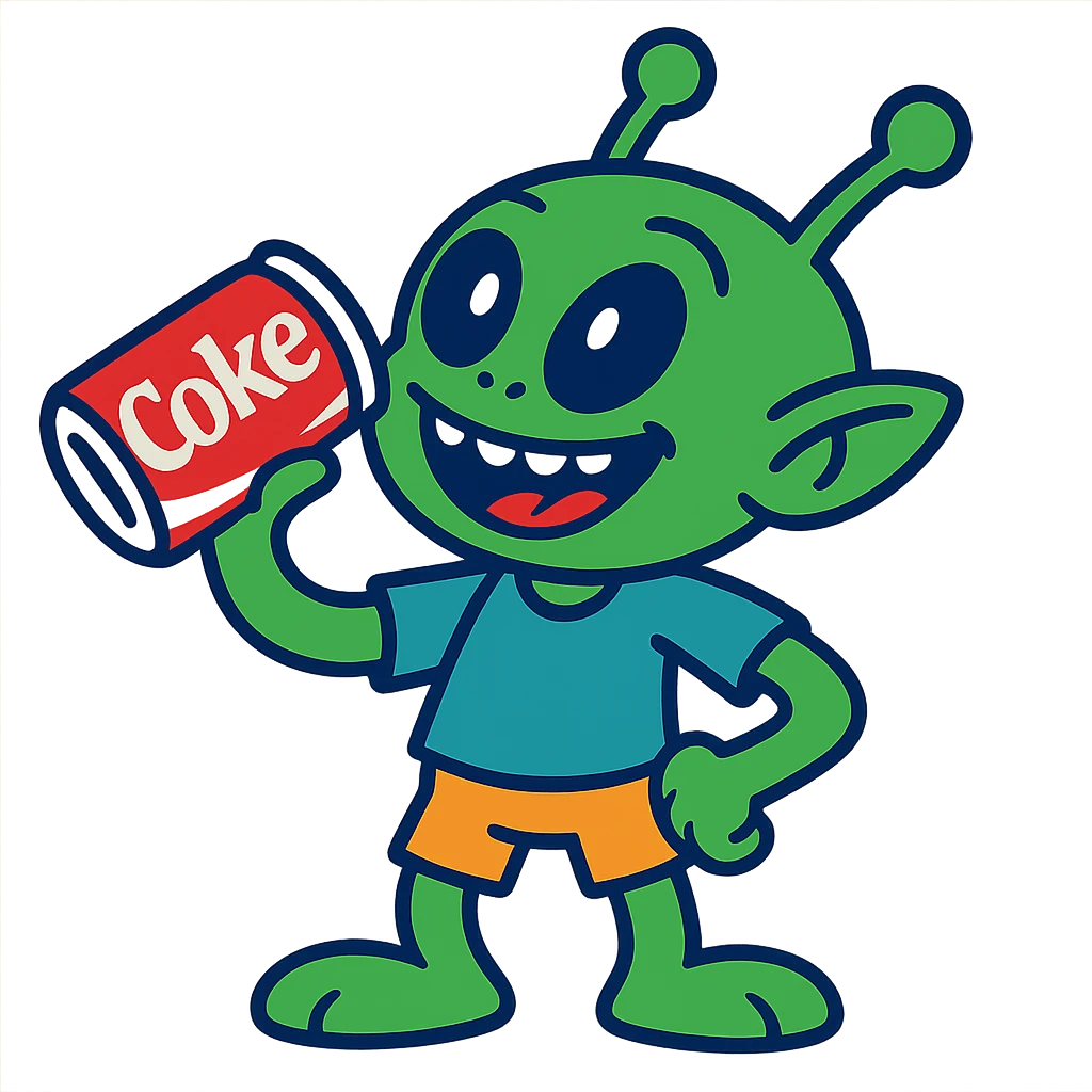 cartoon alien drinking a can of Coke, playful and colorful emoji