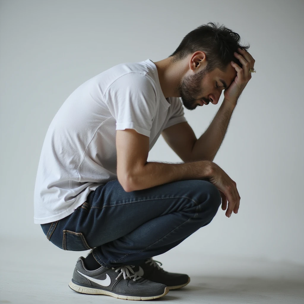 realistic 30-year-old man suffering from anxiety, curled posture, looking down, light background emoji
