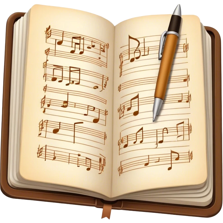 Create an emoji representing songwriting. The design should feature an open notebook or sheet music with visible lyrics and musical notes, symbolizing the process of writing song lyrics. A single pen or pencil should be placed near the notebook, indicating active writing. Use a harmonious color palette with warm and neutral tones. Do not include any emojis or smiley faces. Make the background transparent. emoji