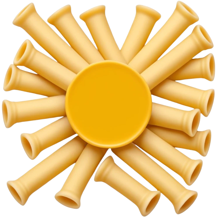 loose scatter of uncooked elbow-shaped pasta tubes in pale golden yellow, smooth matte texture, slightly curved forms, cleanly cut edges, surfaces subtly ribbed or plain, no plate, sauce, or packaging, soft lighting, subtle shadows, emoji scale emoji