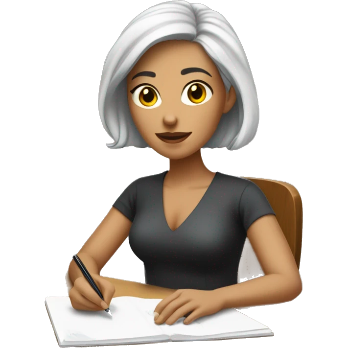 white woman with short black hair writing  a notebook on a wooden desk emoji