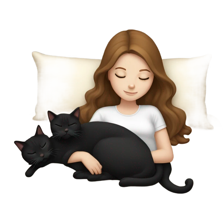 White girl brown hair sleeping, cuddle two black cats emoji
