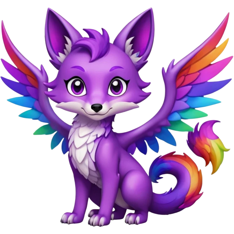 Cartoon Fox dragon hybrid purple eyes with wings face front full body dark rainbow colored emoji