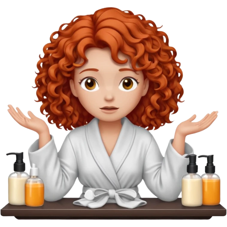 Cartoon emoji of a girl with voluminous curly red hair, fair skin, warm brown eyes. Wearing a chic milky silk robe with long sleeves, no makeup. Sitting at a vanity full of skincare products, holding her head with both hands, unsure which to choose. Smooth, simple, stylized." emoji