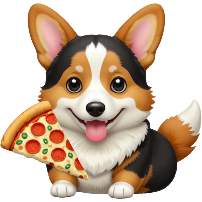 black tri-color corgi eating pizza emoji