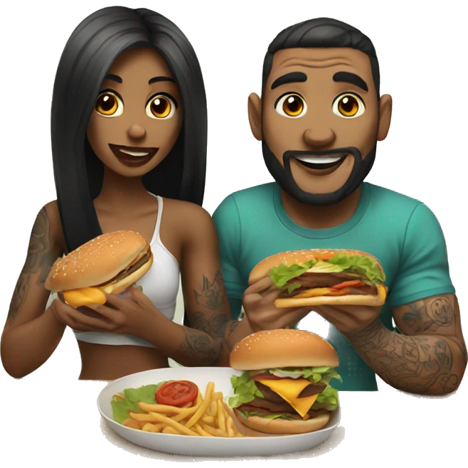 Beautiful tattooed couple eating burgers emoji