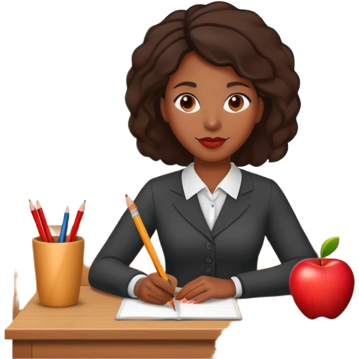 Black female teacher at desk with one apple and one pencil emoji