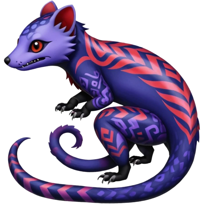 Rare warm-colored exotic gloomy tropical edgy cute epic aesthetic spooky indigo violet white black red gothic colorful Salandit-Noibat-Civet-species-Fakemon-hybrid-creature, with tribal tattoo markings, full body emoji
