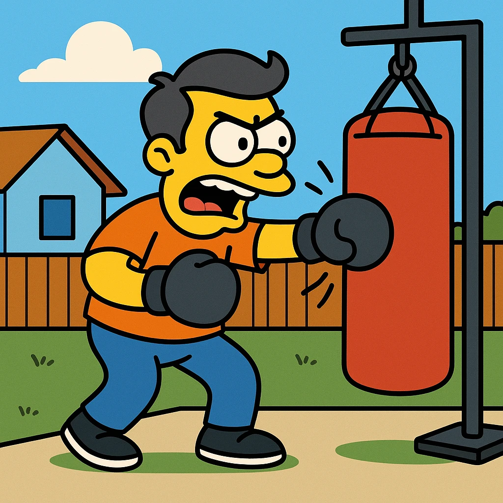 Hit a punching bag – to punch a padded bag for exercise or stress relief.
He went to the gym to hit a punching bag and blow off steam.
 emoji