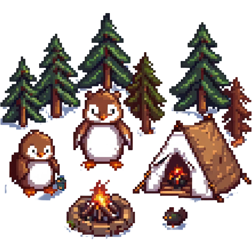 Pinguin und Eichhörnchen beim Campen, Lagerfeuer, Pixel-Art-Stil emoji