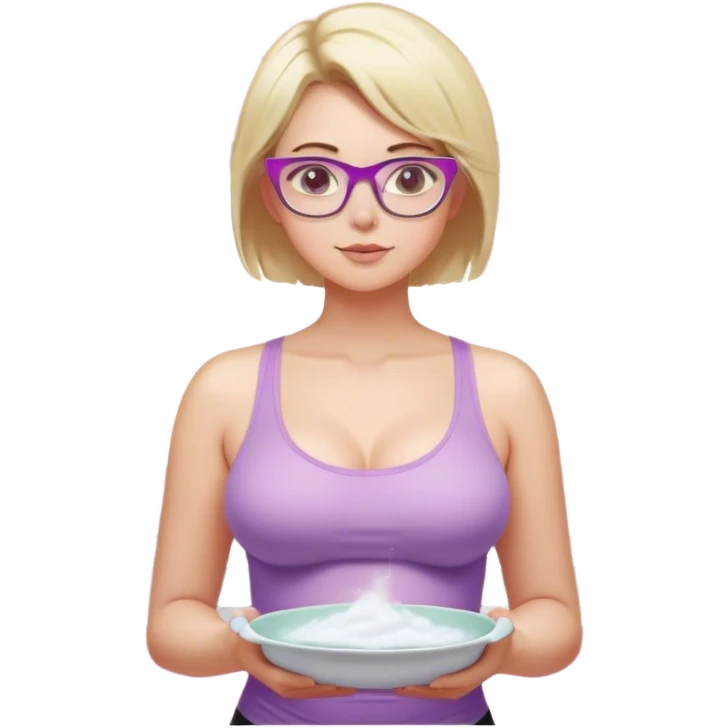 Thick fair skinned woman, short blond hair, small light purple reading glasses, washing dishes, sheer pink tank top, showing natural breast shape SFW, black yoga pants, thick booty emoji