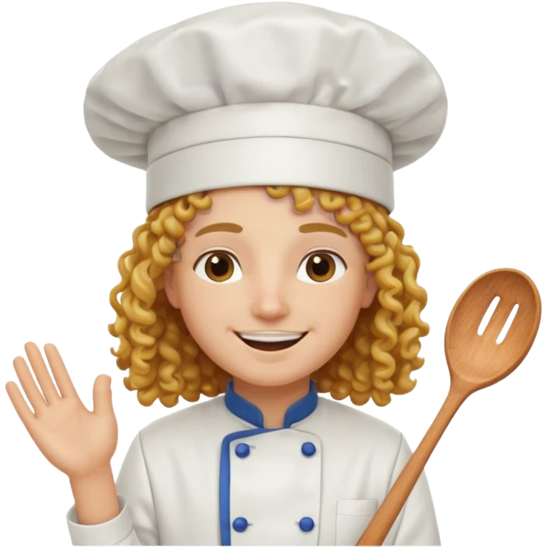 Long curly hair, happy, wearing chef uniform and chef hat emoji