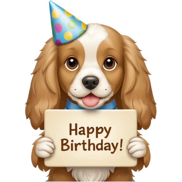 cocker spaniel holding sign that says “happy birthday amigo” emoji