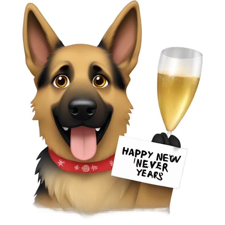 Blonde and brown German shepherd holding a sign that says “Happy New Years Eve” emoji