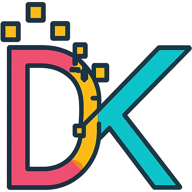 monogram style icon logo for DATAKLYSM creatively integrating letters D and K with digital pixel inspired effects emoji