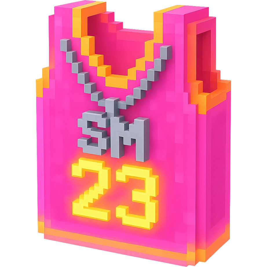 светящейся розовая баскетбольная майка с надписью "23" и серебряная цепь с надписью "SM", no background emoji