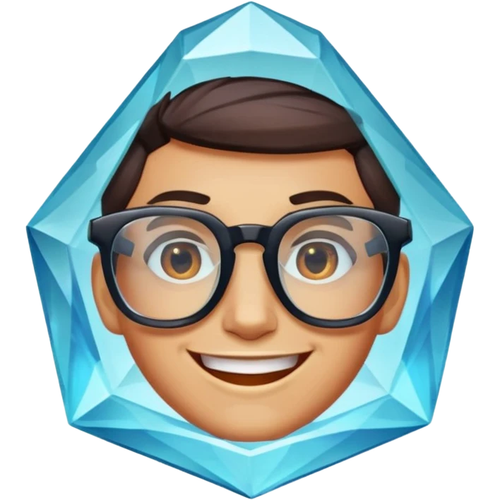 A single crystal gemstone character wearing glasses, chunky and irregular with faceted very sharp sides, smile, , high detail, emoji