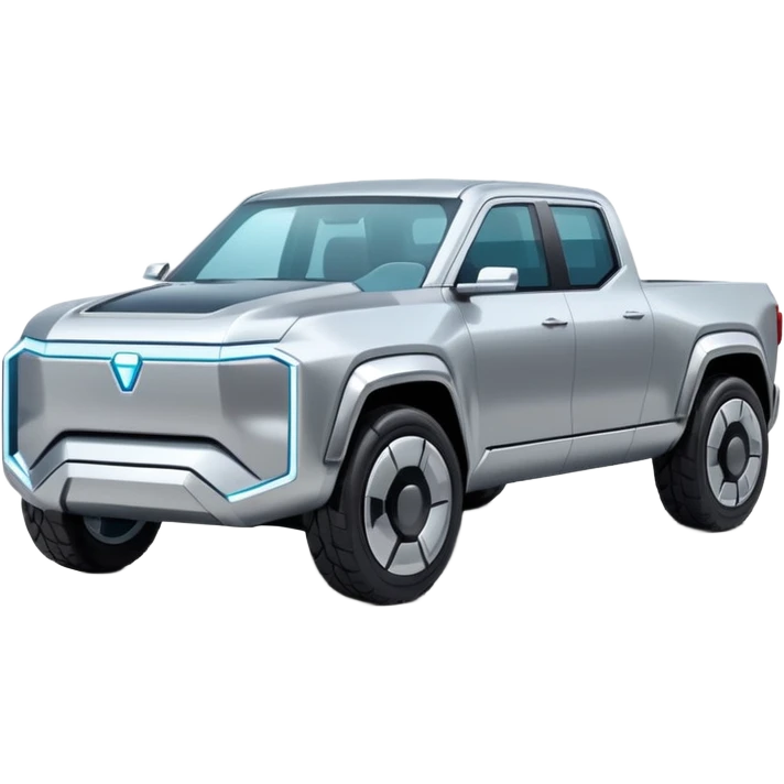 A futuristic electric pickup truck emoji, silver chrome body, angular cyber design, smooth metallic panels, subtle reflections, minimalistic proportions, iOS emoji style, centered composition, clean white background, soft lighting emoji