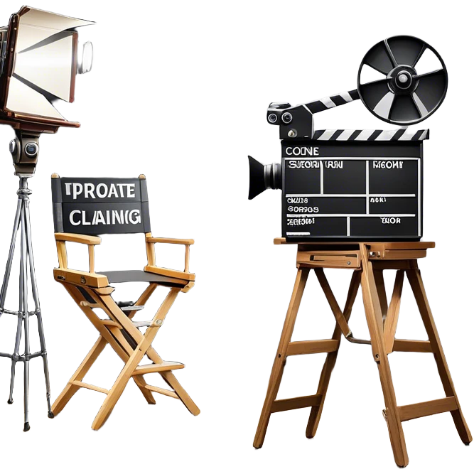 Icon for Directing: a director's chair, a film clapperboard, large movie camera and a stage with a spotlight. The icon should represent the creative and organizational aspects of directing, with focus on storytelling, staging, and performance. Transparent background. emoji
