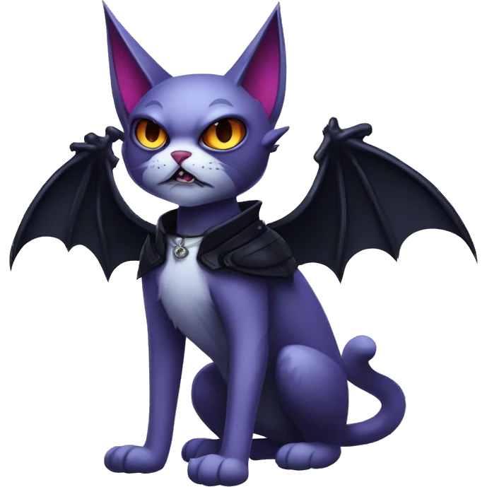  cool edgy fantasy dark-themed animal vampiric cat-hybrid Fakemon with fangs and bat-wing-ears with a collar full body emoji