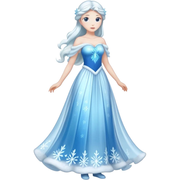 An ice Snow Maiden character, full body, standing in side view, made of translucent ice, winter fairy tale style. emoji