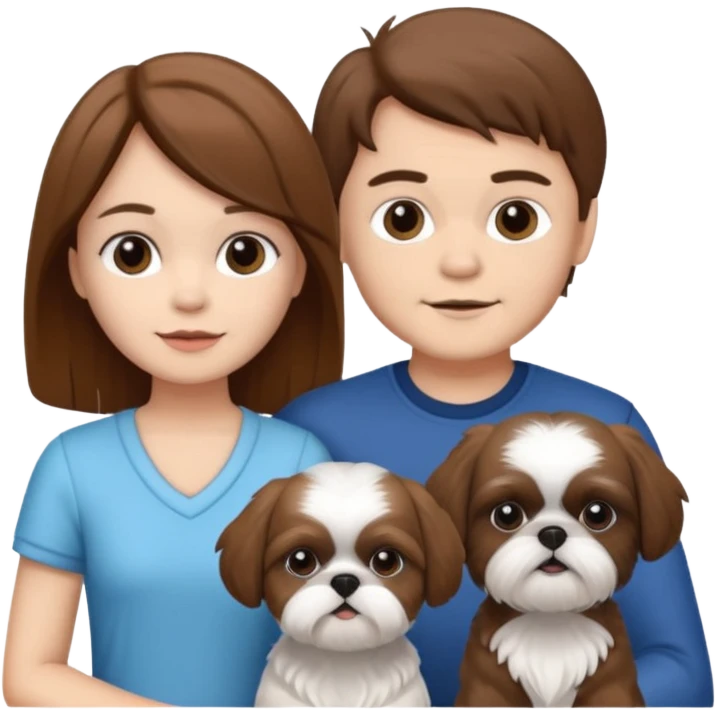 A couple boy and girl with brown hair both of them with two shih tzu dogs black and white emoji