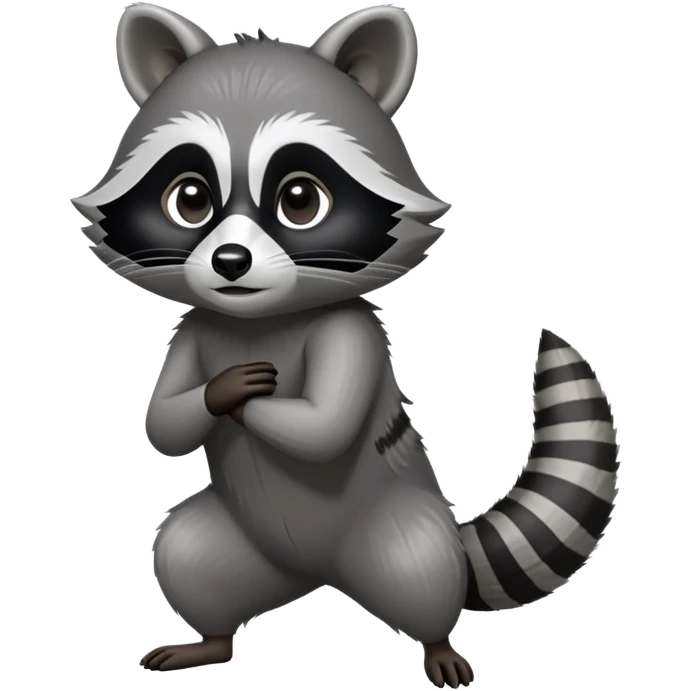 Cinematic-Raccoon-Realistic-hunched Full-Body-Standing on all fours-Emoji – Tail flicking lazily, head tilted dramatically, thick grey fur with a signature black mask, sharp and alert ears, simplified yet realistic focused features, highly detailed, glowing with an almost sarcastic glow. emoji