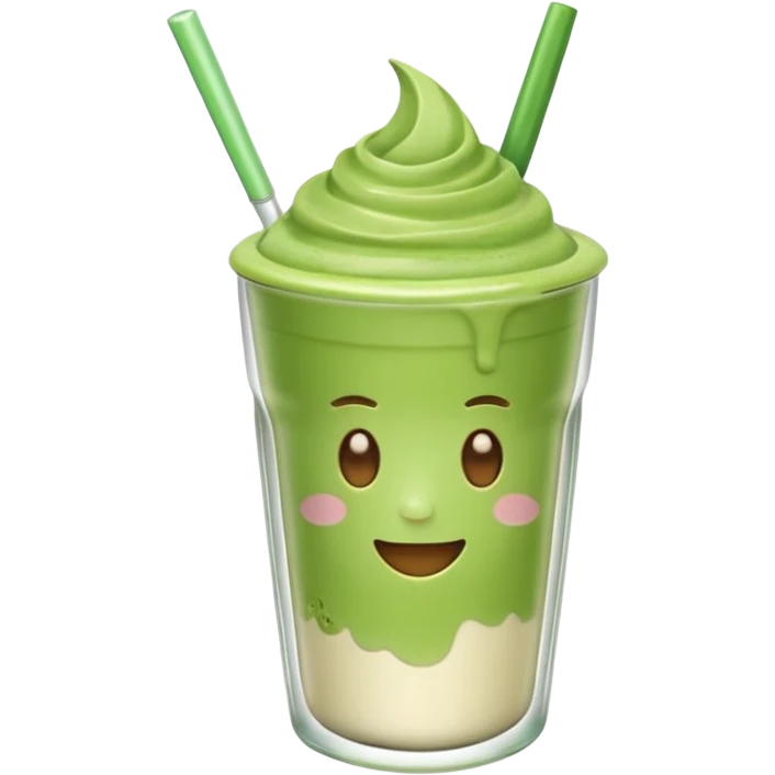 Emoji glossy 3D de un vaso de matcha latte, vaso de vidrio transparente con matcha espumoso verde pastel, capas suaves de leche y matcha, brillo intenso tipo sticker, sombras delicadas, fondo transparente, estilo cute moderno, alta calidad emoji