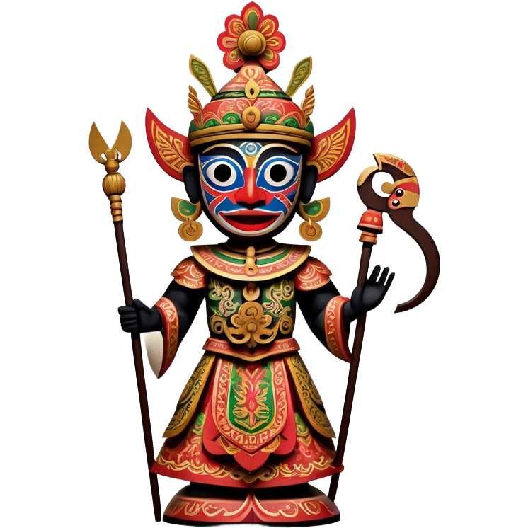 Golek Ayun-ayun – Cinematic Realistic Wayang Golek Ayun-ayun, depicted as an intricately carved traditional wooden puppet with vibrant painted details and expressive features, set on a dimly lit stage with dramatic shadows that evoke centuries of Indonesian theatrical heritage, rendered with lifelike textures and subtle ambient glow. emoji