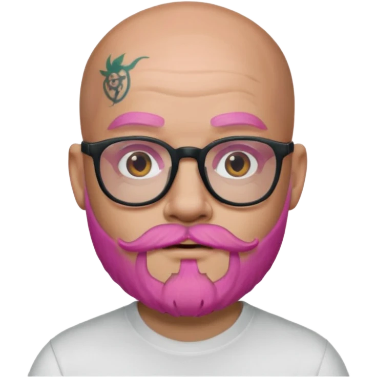 bald man with a pink beard, glasses, and face tattoos, Apple memoji emoji style emoji