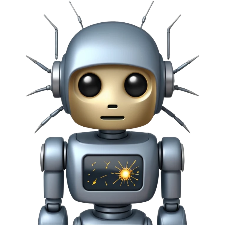 Prompt: A dark sticker. A cute but sad robot with a cracked screen displaying static noise. Small sparks coming from its head. Dark industrial background. 1:1. emoji