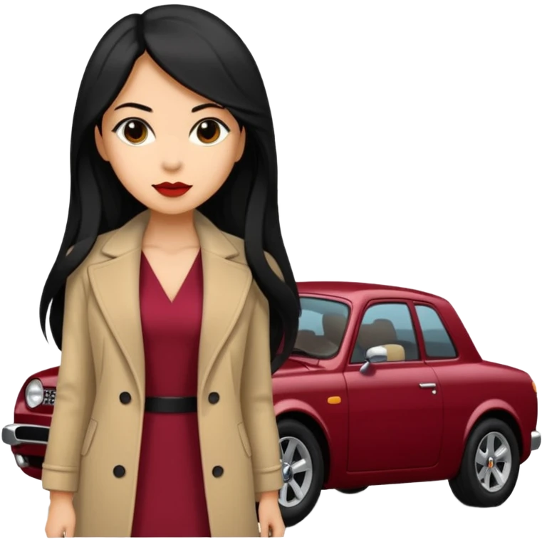 A fast, expensive black car with a young woman beside it The young woman has long black hair, wears a beige formal coat, and underneath is a cherry-colored dress. With expensive blak caaar emoji
