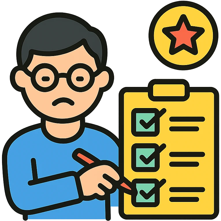 color outline icon of a perfectionist checking a checklist, precise and organized emoji
