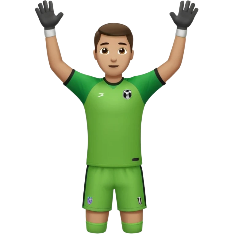 goalkeeper, standing, wearing a green shirt, shorts, socks and football boots, with arms raised emoji