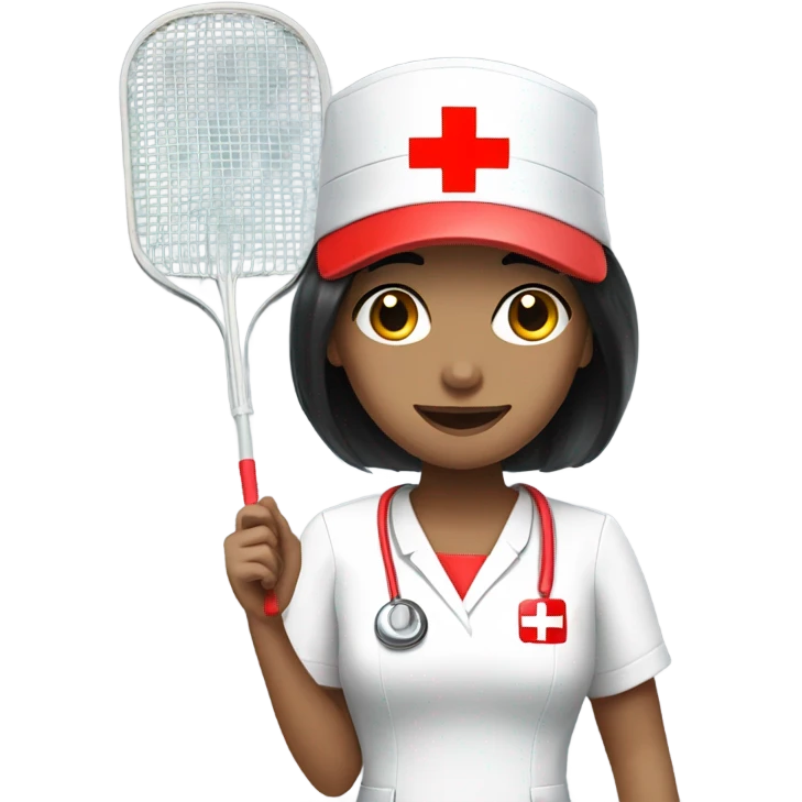short black hair female nurse with red cross sign hat playing badminton emoji