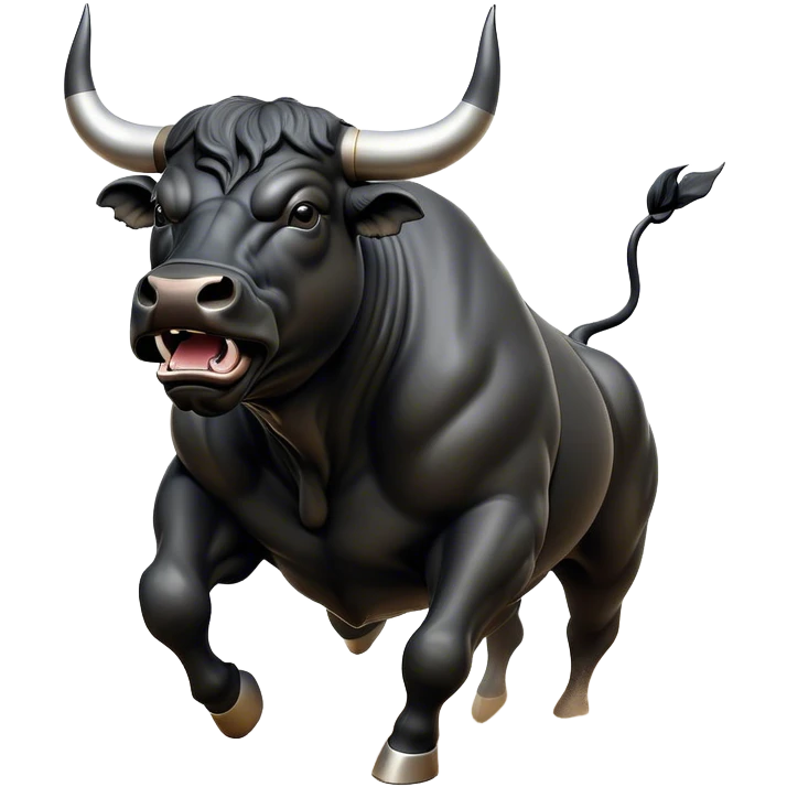 ​Cinematic Realistic Black Charging Bull, depicted in mid-charge with a powerful, muscular form and glossy black hide glistening under dynamic dramatic lighting, dust and motion captured mid-air to exude raw strength and unbridled energy on an expansive arena, emoji
