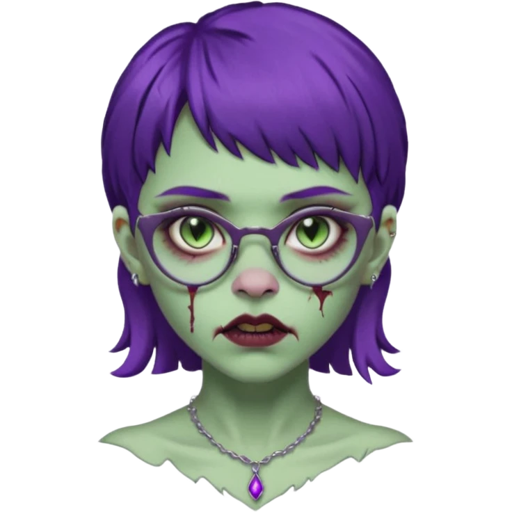 Una mujer zombie con perforacion en la nariz y perforación Madonna, lentes tipo ojo de gato, fleco pequeño y cabello largo morado oscuro  emoji