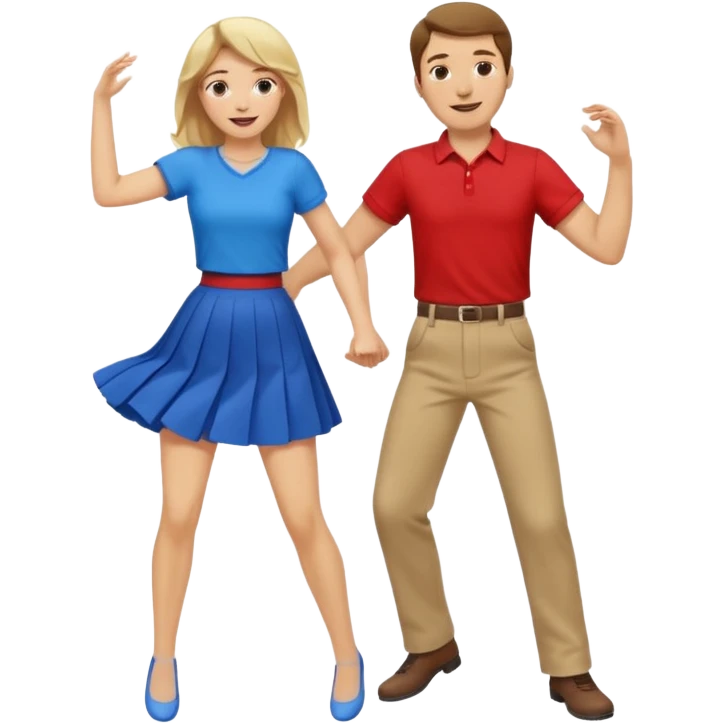 Two people dancing. Man in red shirt and pants with brown hair. Women in blue shirt and skirt with blond hair. emoji