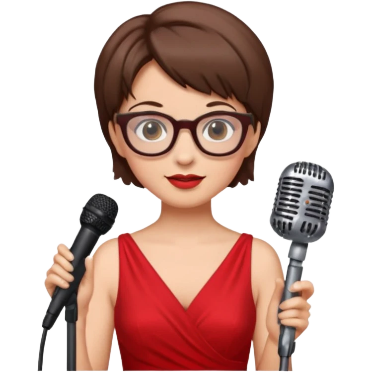 singer, Old, brown short hair, holding mic, red dress, glasses emoji