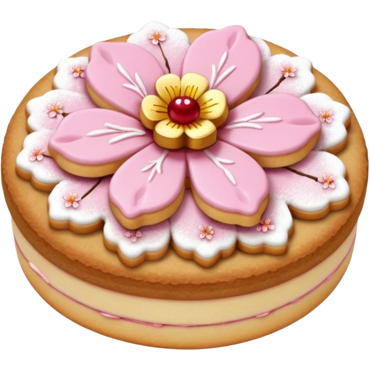 Realistic shortbread cookie in the shape of a cherry blossom with pale pink color jelly middle filling and sprinkled powder sugar on top. emoji