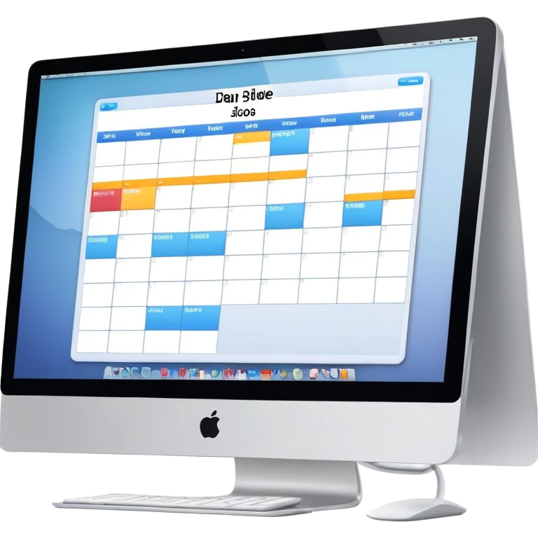 front-facing iMac showing a day schedule with vertical hours (9am, 10am, 11am) and horizontal client slots, some slots clearly booked emoji