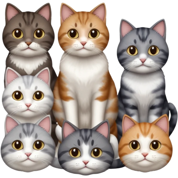 4 different coloured short haired cats including; a dark brown tabby and white cat, and a dark grey and white  emoji