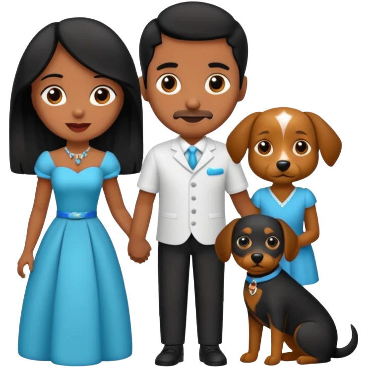 Pareja de novios, pelo negro ambos, y con dos perritos pincher en brazos emoji