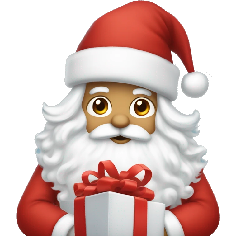 “An adorable full-body Santa in a red suit, fluffy white beard, rosy cheeks, big eyes, and a red hat with a white pom-pom, holding a small gift.” emoji
