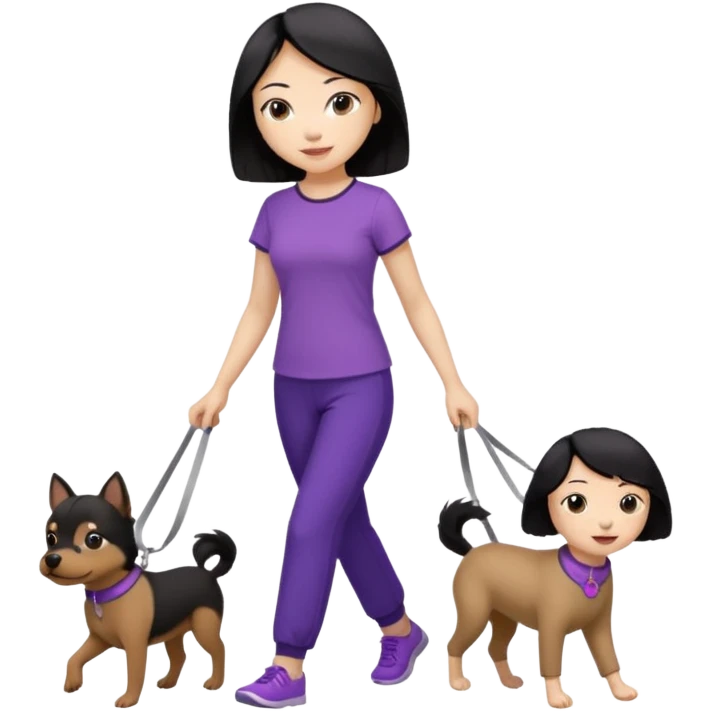 black hair Chinese woman wearing purple top and black pants walking one small brown dog emoji