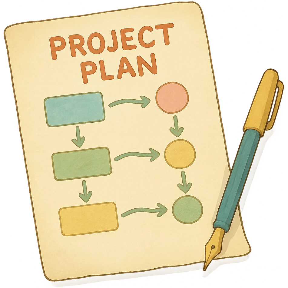 ghibli style whimsical project plan with paper and pen in soft colors emoji