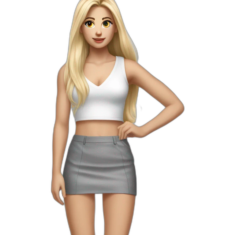 hyperrealistic caucasian blonde, long straight hair, white deep v-neck crop tanktop, gray tight mini skirt emoji