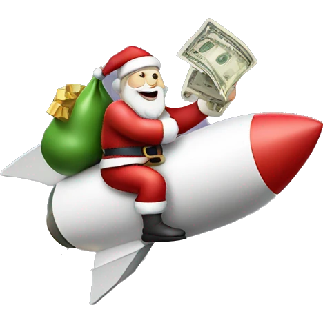 santa riding a rocket whilst holding a sack of money emoji